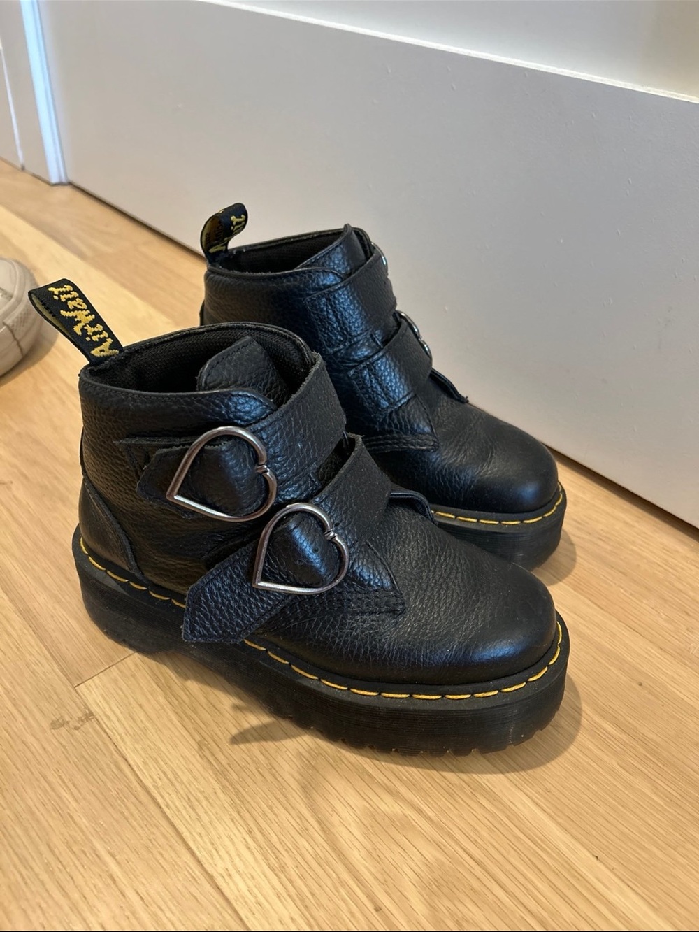 Dr. Martens Black Leather Boots with Yellow Stitching